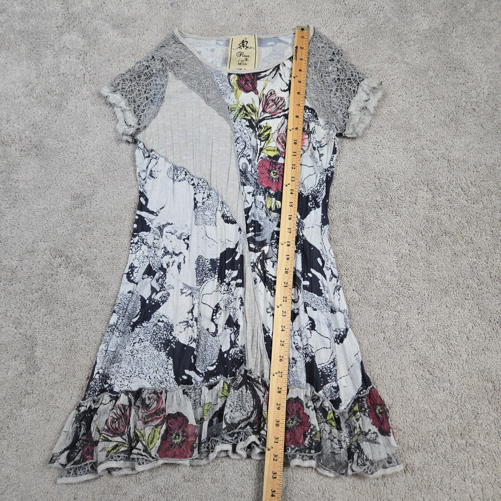 Fleur De Lis Mixed Floral Abstract Mini Dress Lace Mesh Tunic Top Artsy Boho L