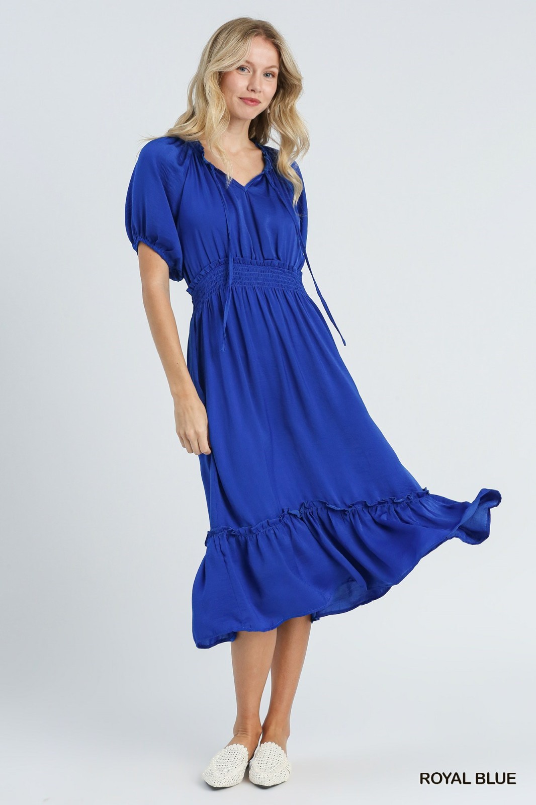 Umgee Royal Blue Satin V-Neck Tie Front Maxi Dress with Short Sleeves
