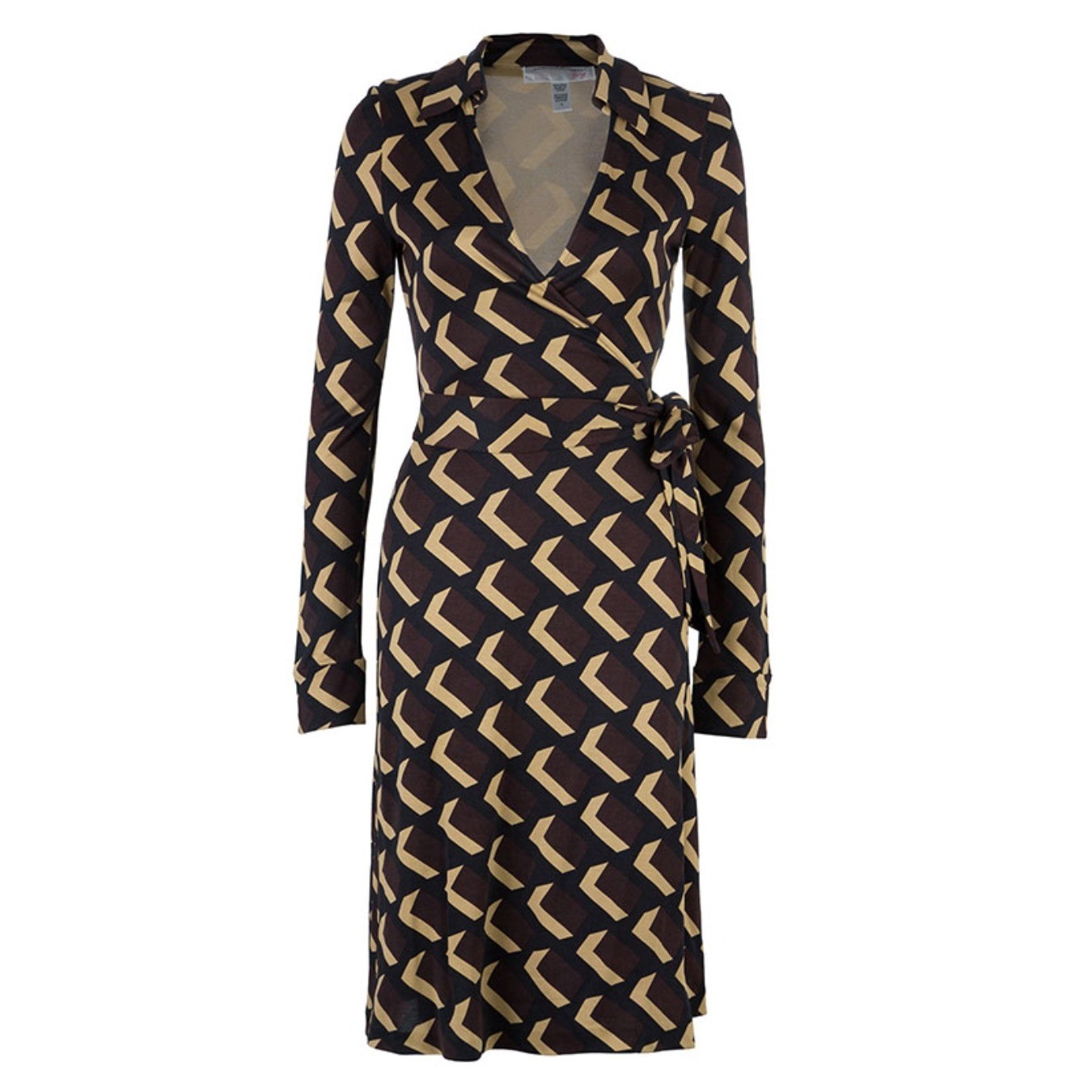 Diane von Furstenberg Jeanne Silk Wrap Dress Geometric Brown Tan Black Size 8