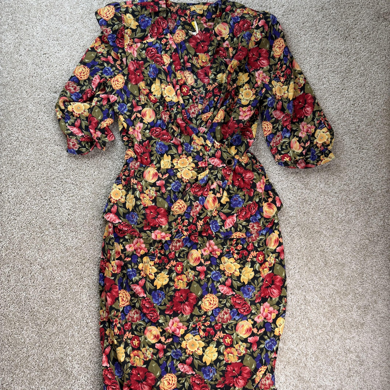 Vintage 80s 90s BRELI II Dress Womens 16 Multicolor Floral Wrap Peplum Midi