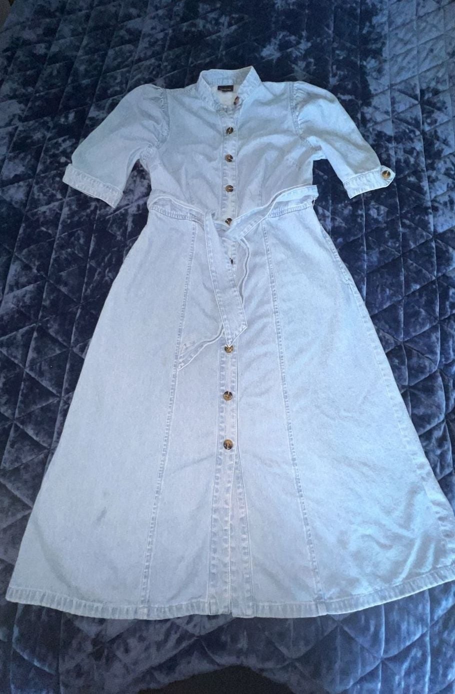 Who What Wear Button-Front Denim Midi Dress with Puff Sleeves