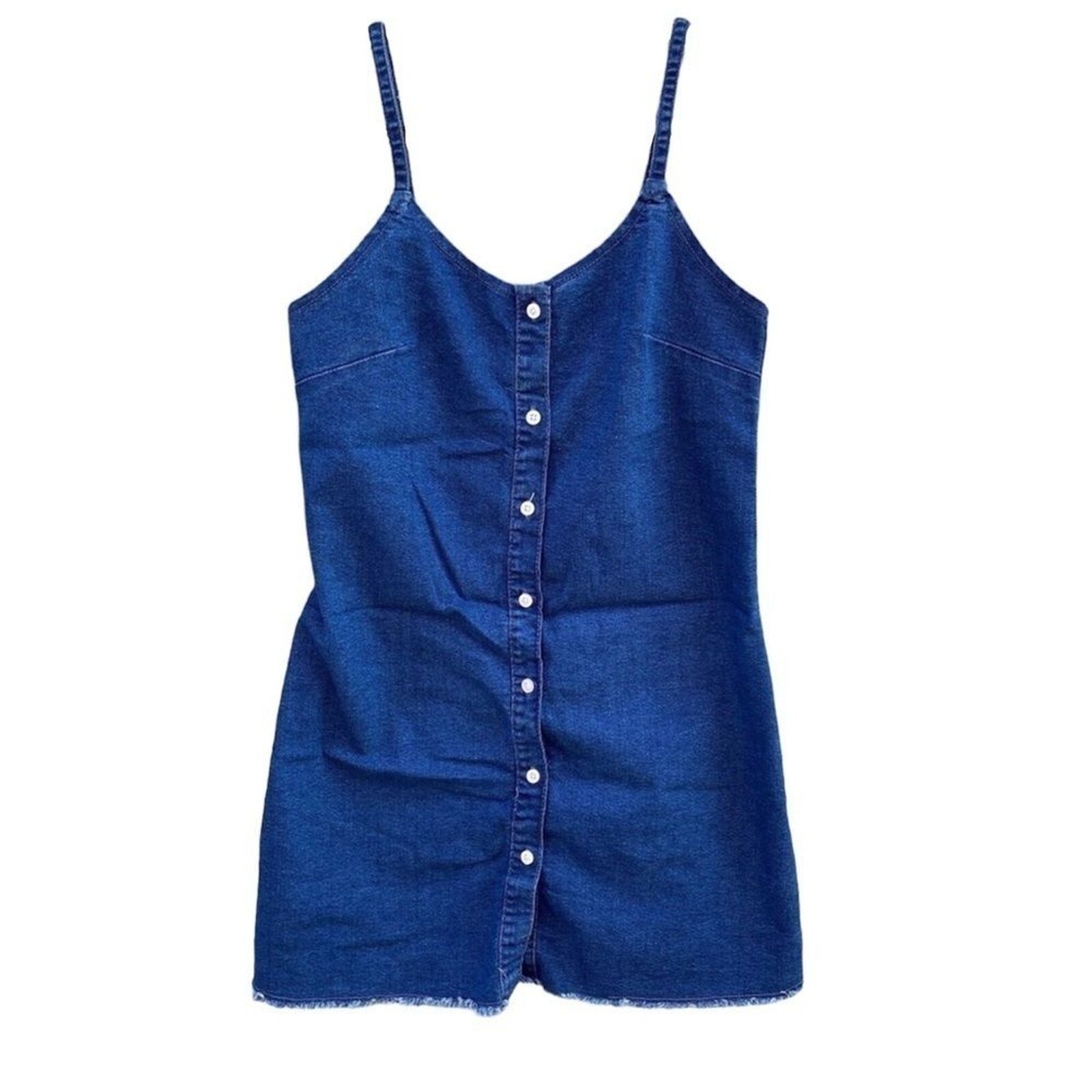Denim Button Spaghetti Strap Mini Dress Sz Large