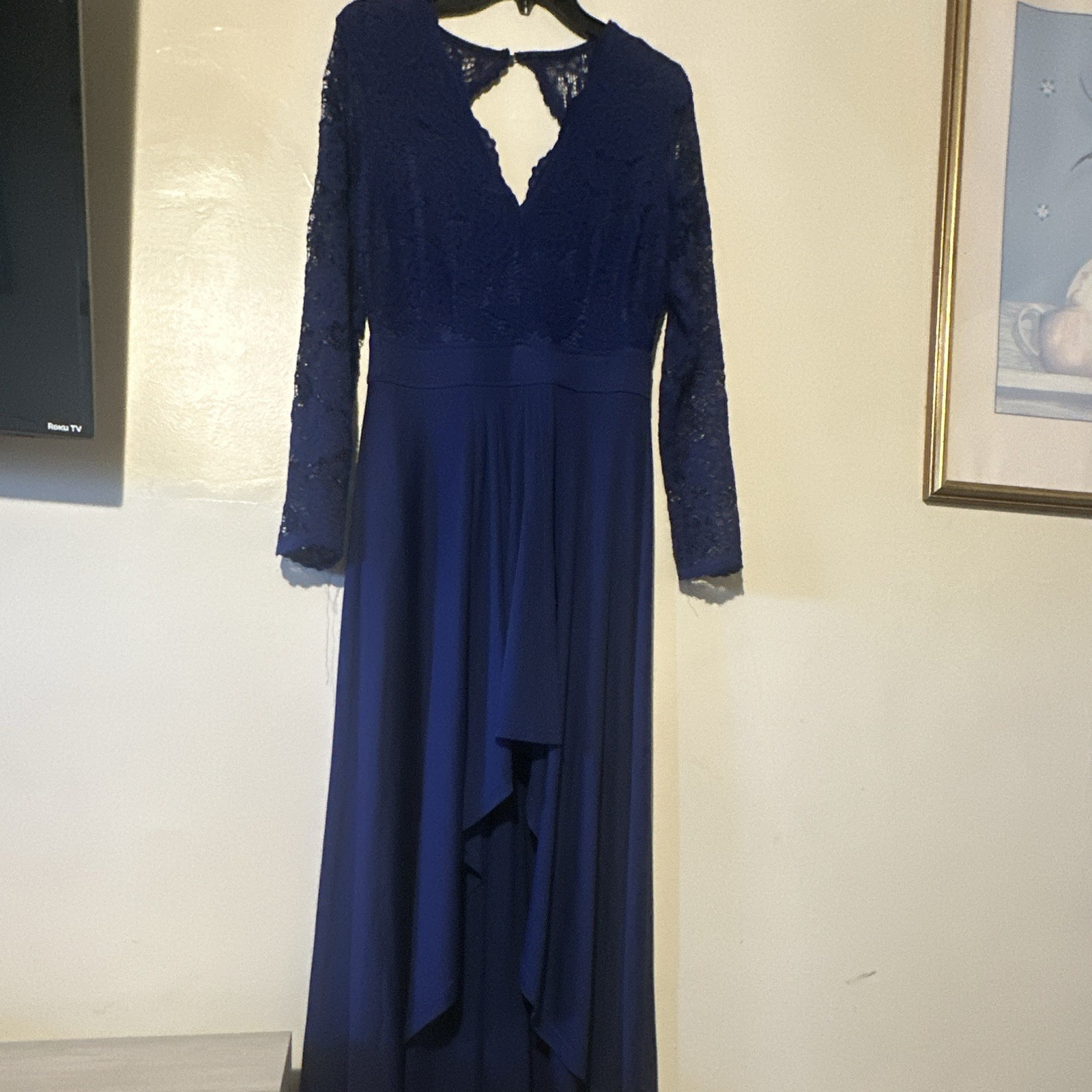 Womens M Blue Solid Lace V-Neck Long Sleeve Maxi Long Dress Polyester Spandex