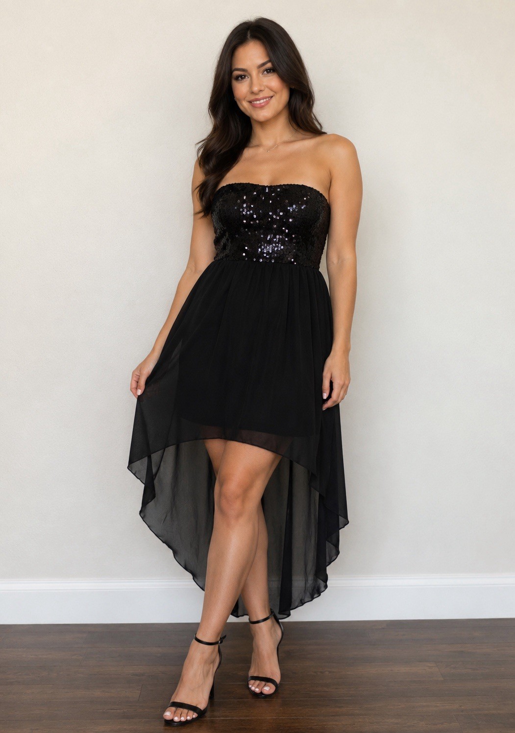 Vintage Strapless Black Sequin High Low Cocktail Dress Size Small Y2K Wet Seal