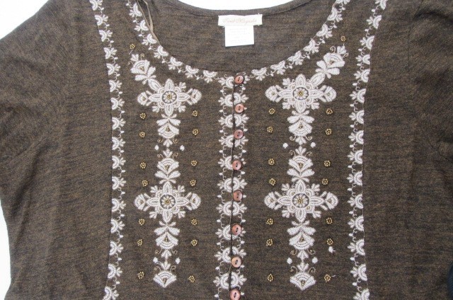 Sweet Magnolia Brown Embroidered Boho Dress Women’s L 3/4 Sleeve Midi
