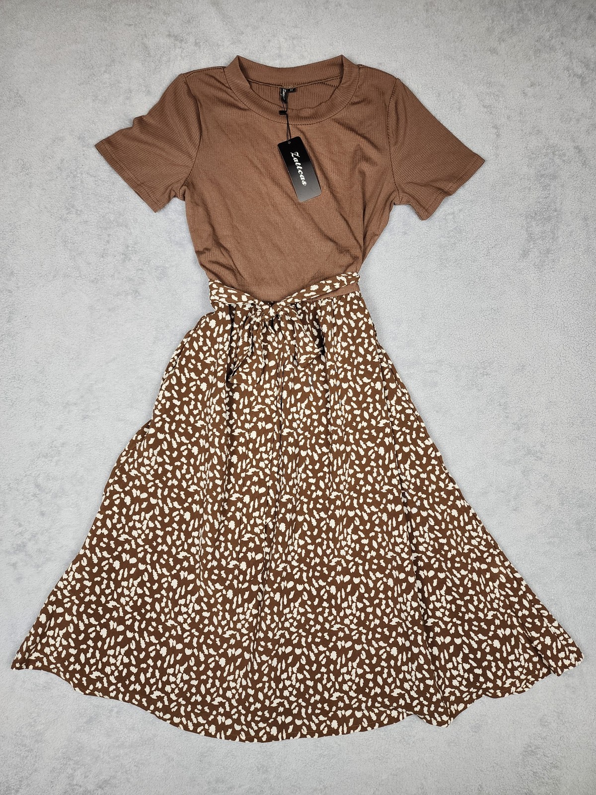 Zattcas Dress Womens Medium Brown Short Sleeve Midi Belted Animal Print Pockets