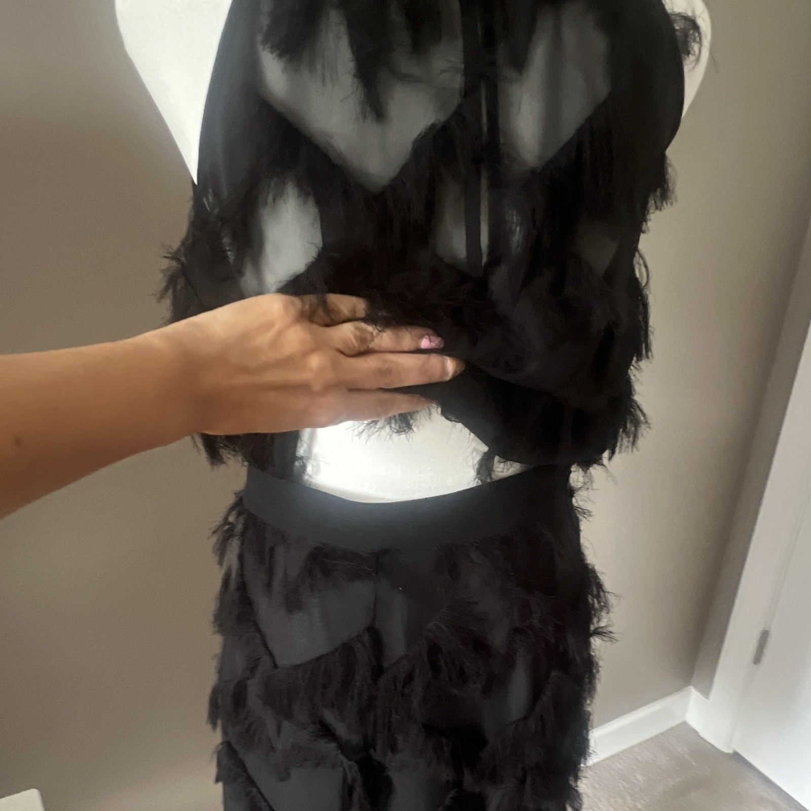 Marella Gattini Black Sheer Mesh Fringe Long Pencil Skirt High Rise 4