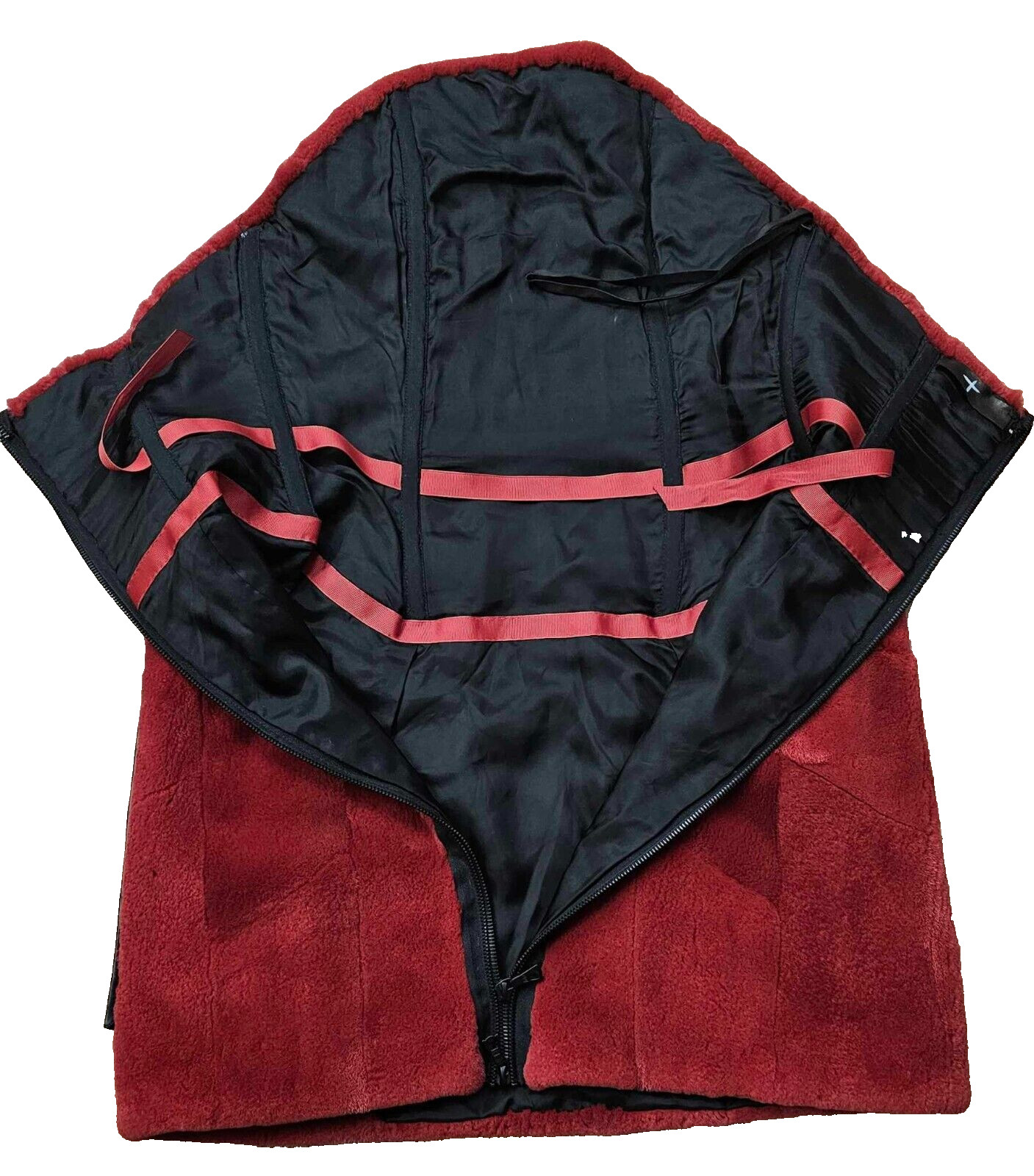 Vintage Red Shearling Fur Strapless Mini Dress w/ Beaded Leather Pocket Size M