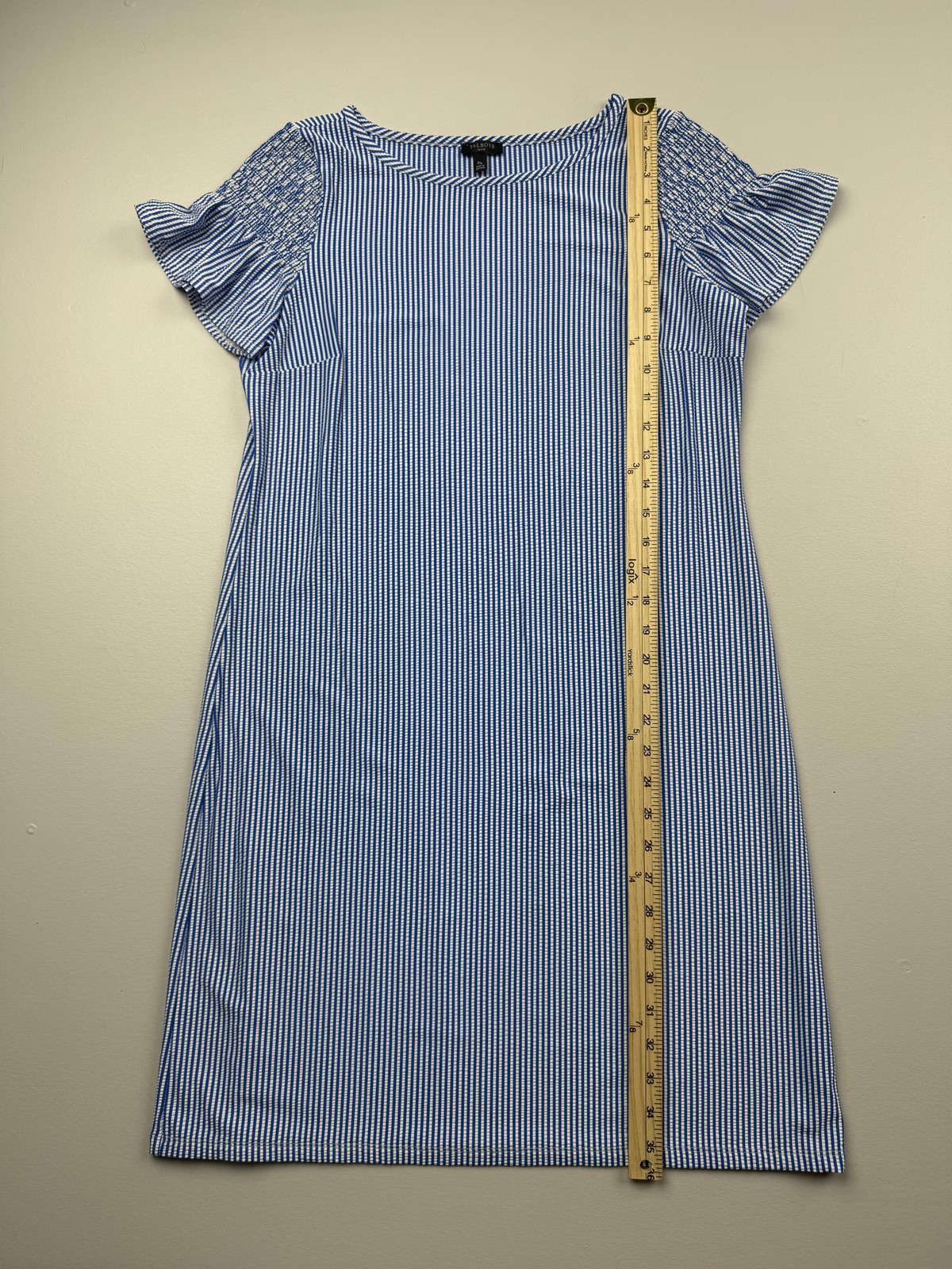 Talbots Dress Womens M Petite Blue Stripe Short Flutter Sleeve Shift Knee Length