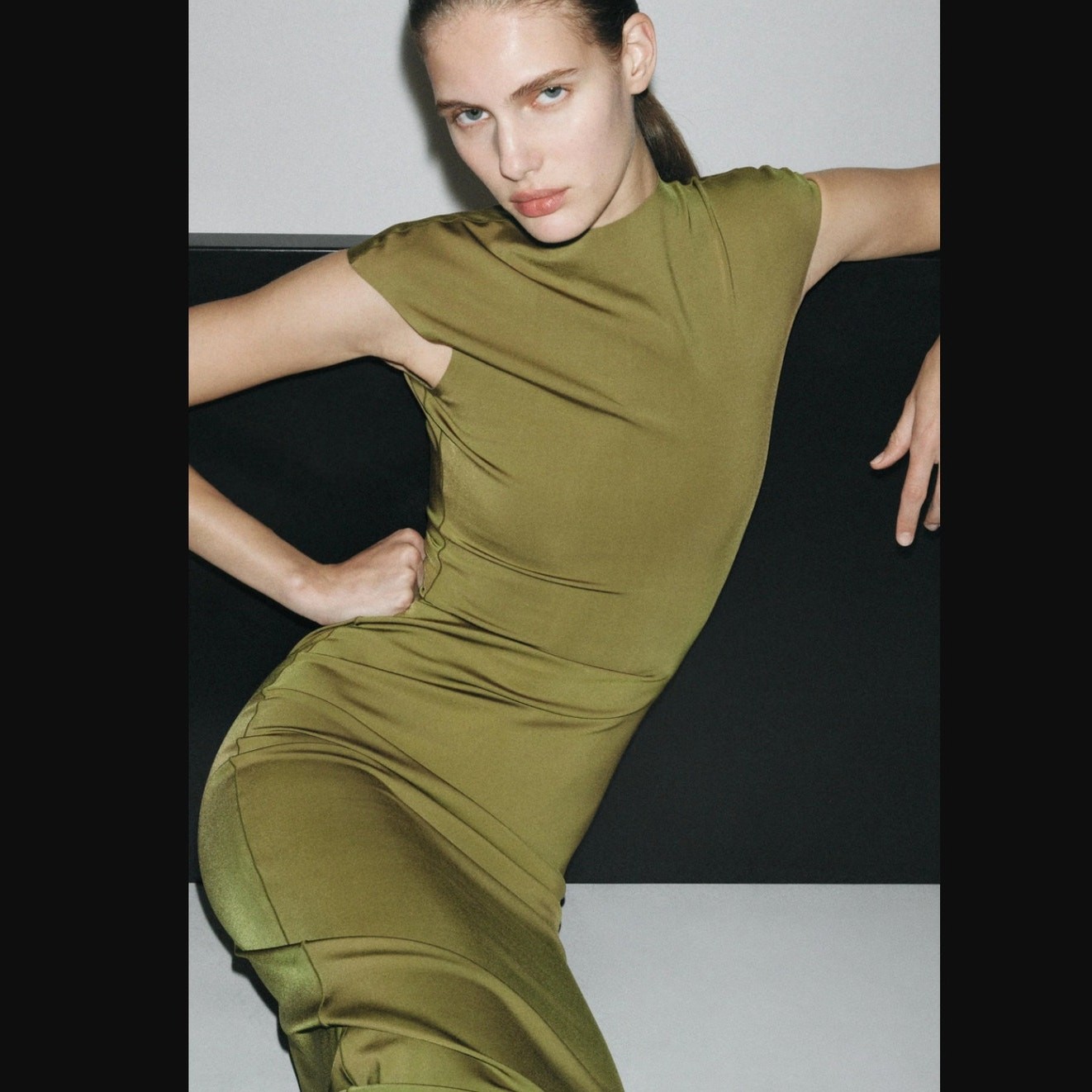 Zara Olive Green sculpting bodycon Polyamide Midi Dress size L NWOT minimalist