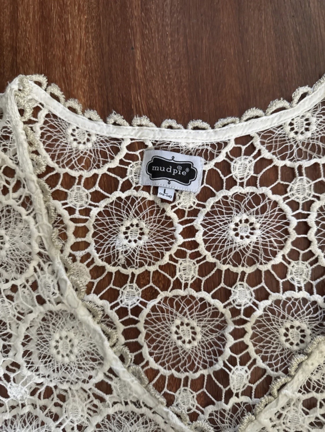 Mud Pie White Sheer Crochet Lace Shift Dress V-Neck 3/4 Sleeve Short L
