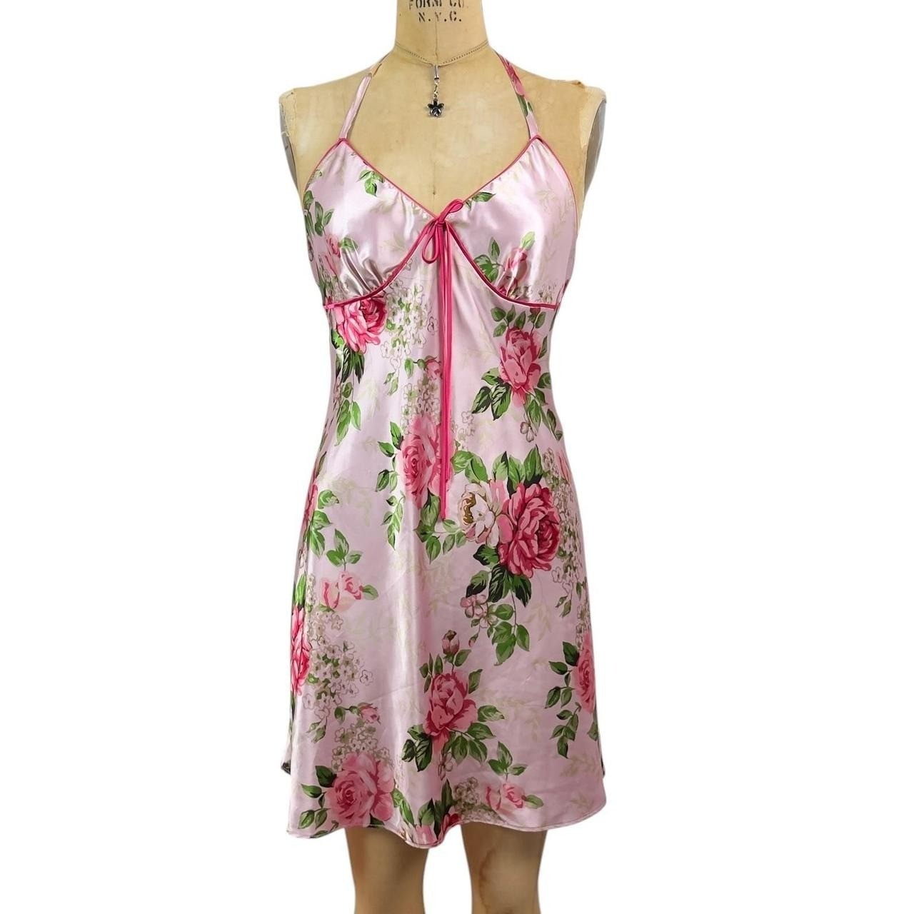 Y2K Babydoll Floral Halter Slip Dress Size M 2000s Softgirl Coquette Dollette