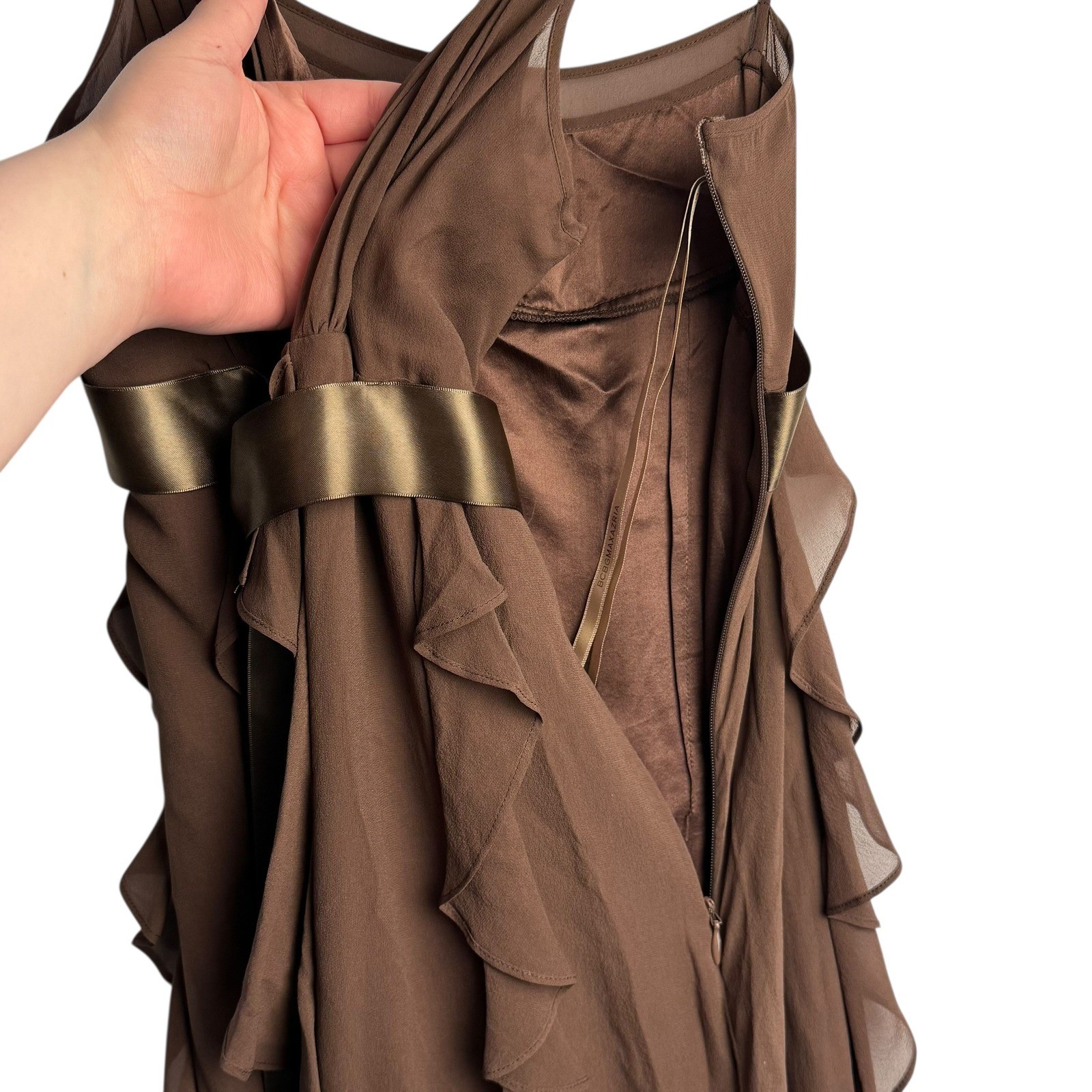 BCBGMAXAZRIA Brown 100% Silk Ruffle Mini Dress Rhinestone Brooch Empire Waist 4