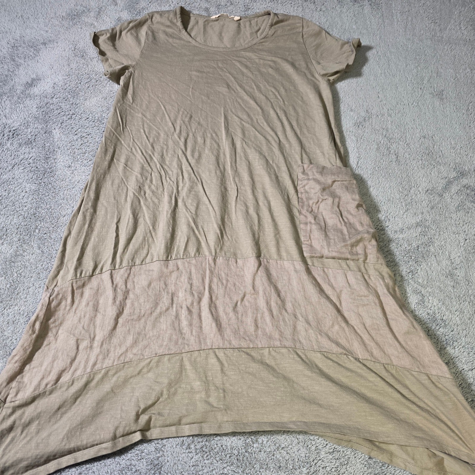 Soft Surroundings Womens L T-Shirt Dress Olive Green Mixed Media Cotton Linen