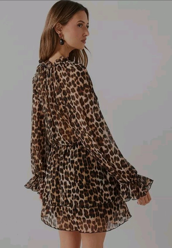 Mango Ruffle Tie Front Floaty Leopard Mini Dress Long Sleeve Brown XS RRP £56