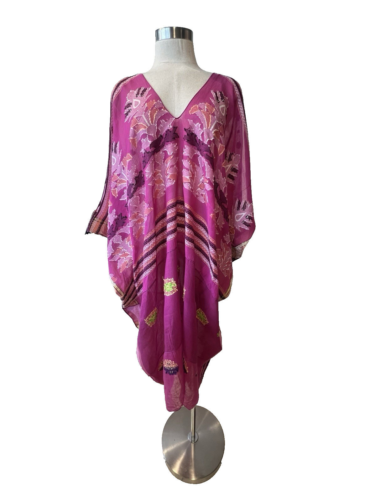 PAUL ROPP Pink/Gold/Black Fine Cotton Jacquard S/Less Kaftan Midi Dress One Size