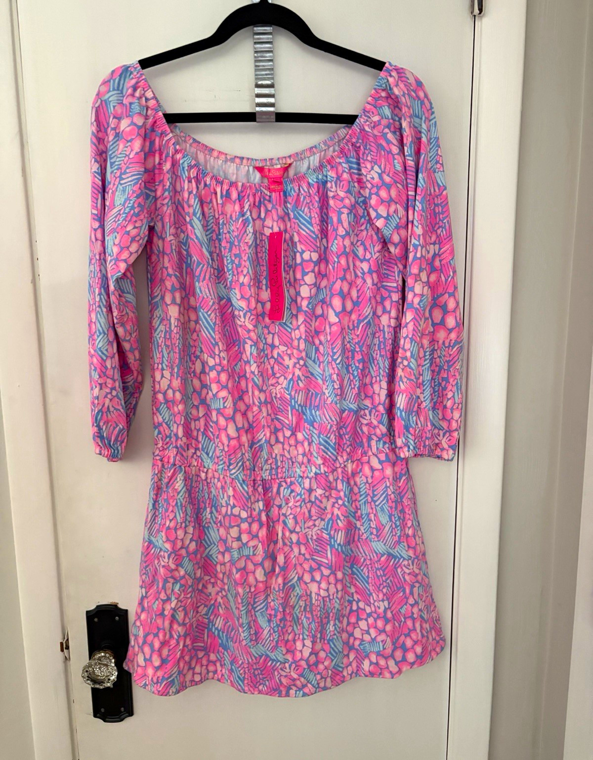 Lilly Pulitzer Pink Blue Floral Off Shoulder Long Sleeve Mini Shift Dress L