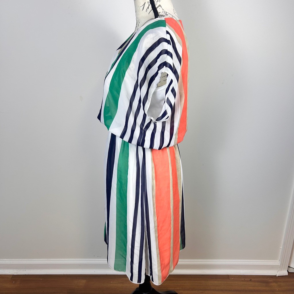 Espresso Colorblock Striped Chiffon Dress Womens Medium Green Orange Navy White