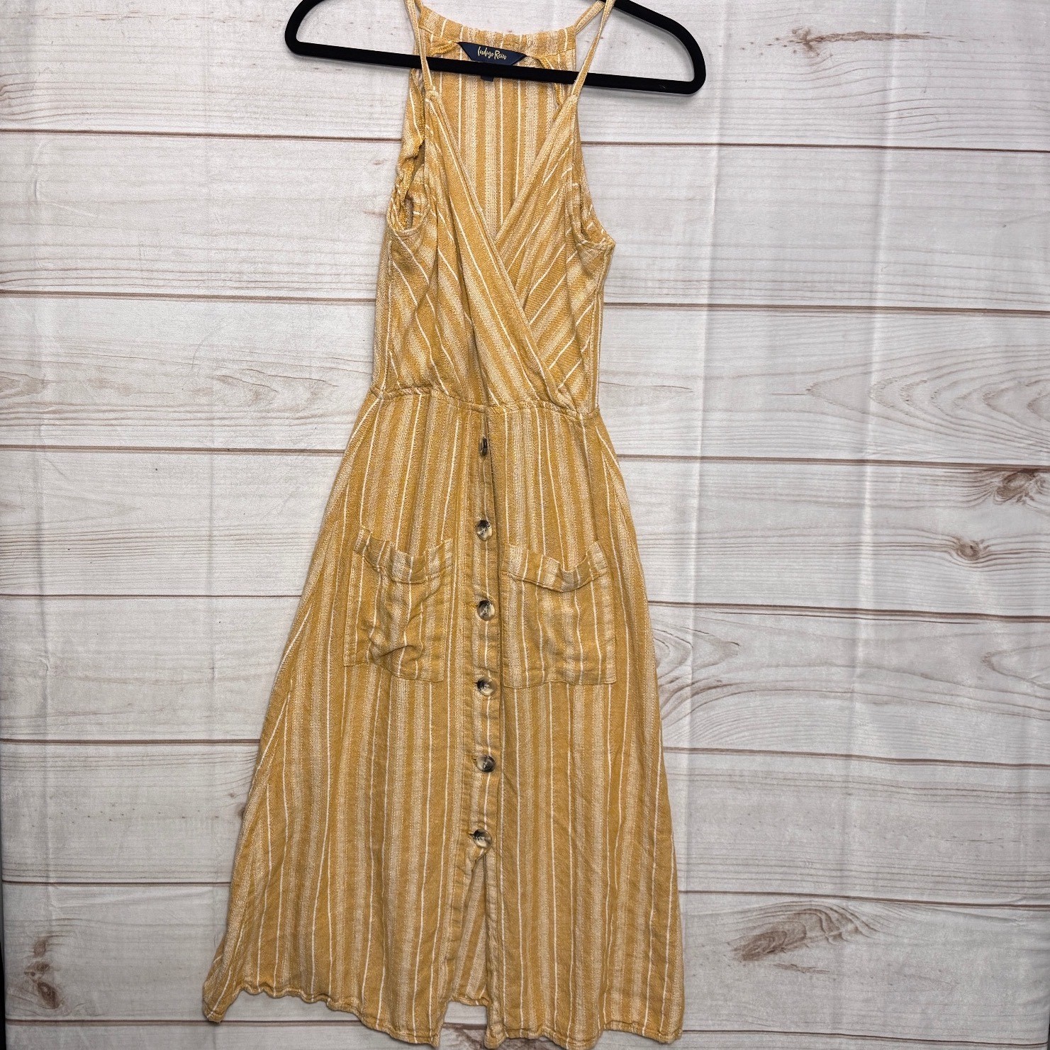 Indigo Rein Women’s Small Mustard Stripe Button Front Midi Maxi Sundress Boho