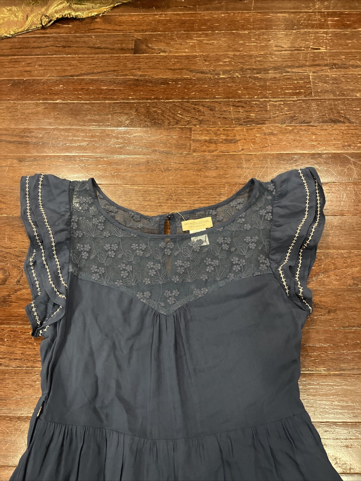 Womens Moon Collection Blue Lace Ruffle Sleeve Dress Embroidered Lined Sz S