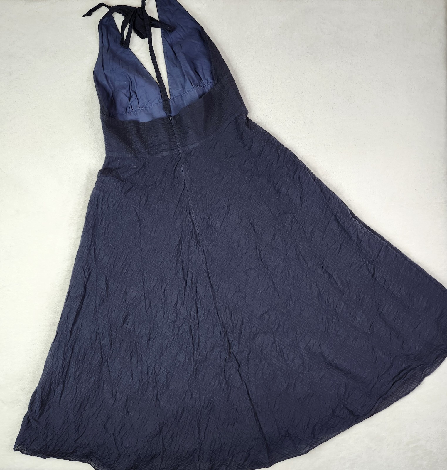 J. Crew Halter Dress Navy Blue 100% Cotton Texture Classic Preppy Fully Lined 4