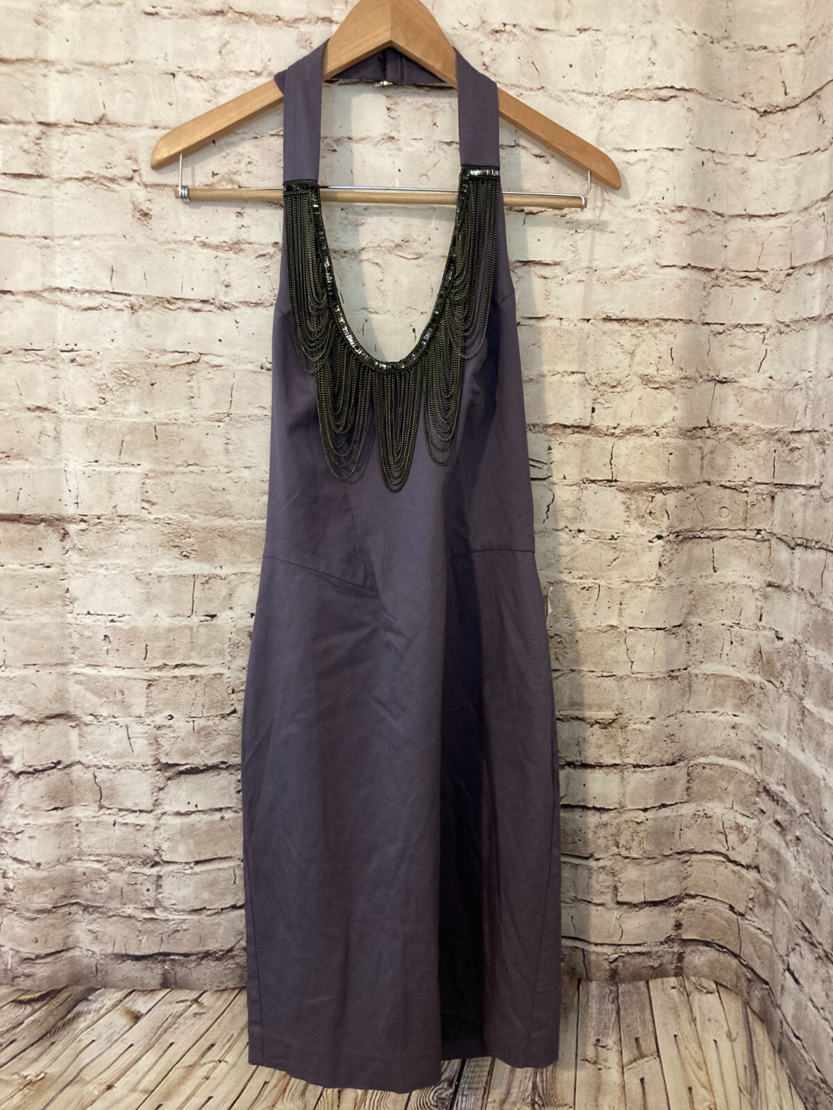 Black Halo Dress Womens 8 Halter Chain Link Fringe Deep Purple Zip Open Back