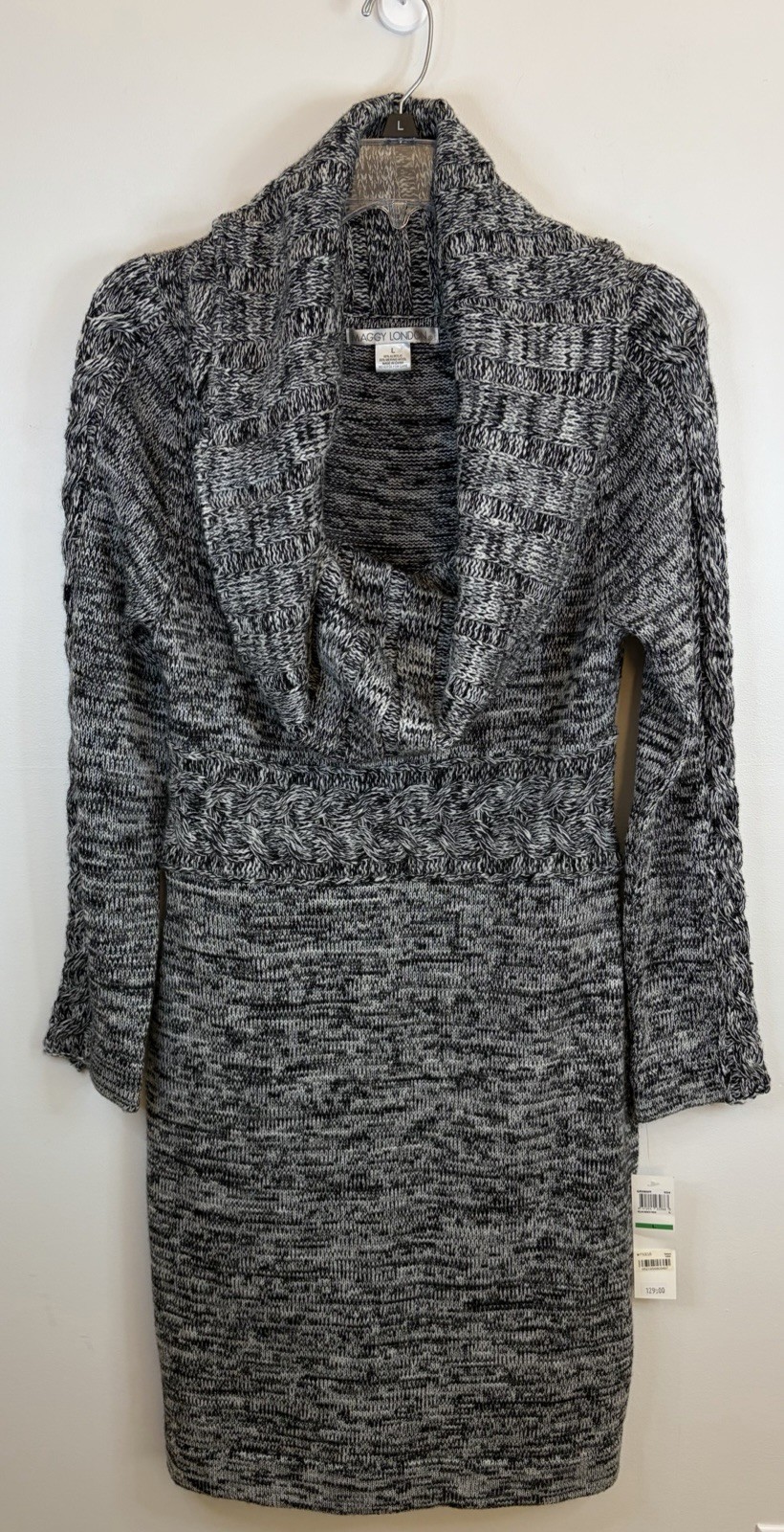 MAGGY LONDON Black White Marled Cowl Neck Sweater Dress Large LS Merino Wool NEW