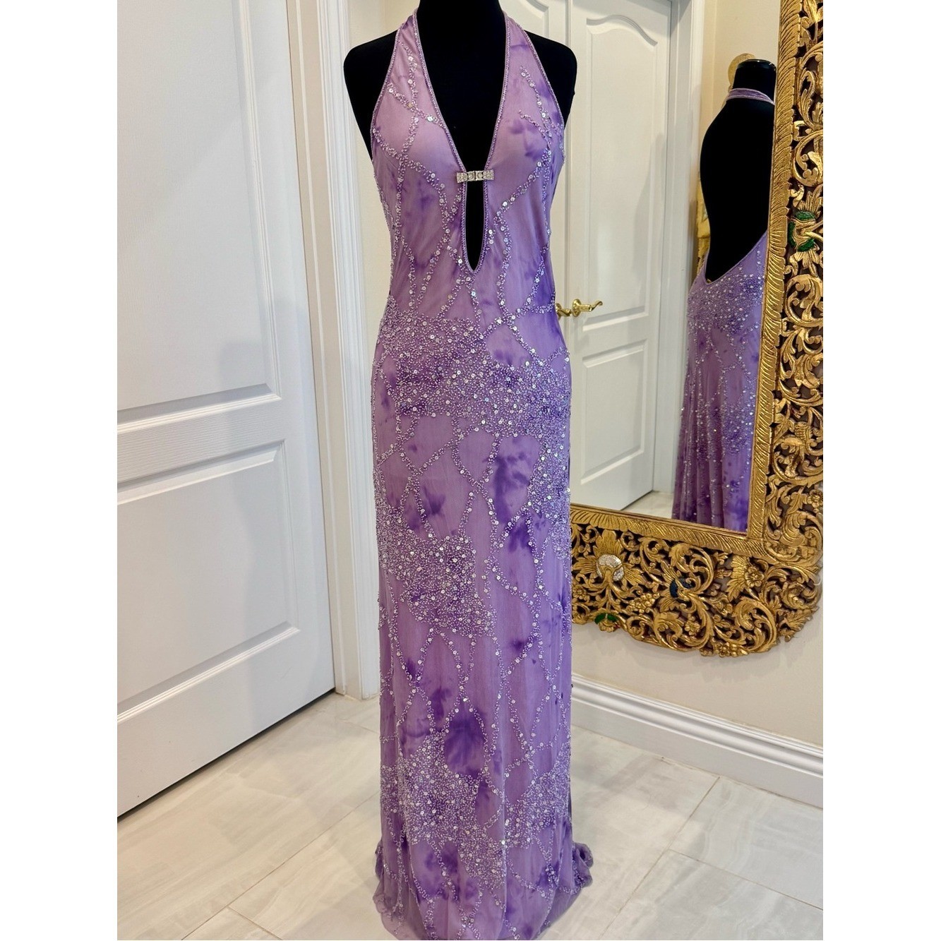 Lavender hand beaded Halter-Sequin Evening Gown on stretch. Attitudes by.Debra