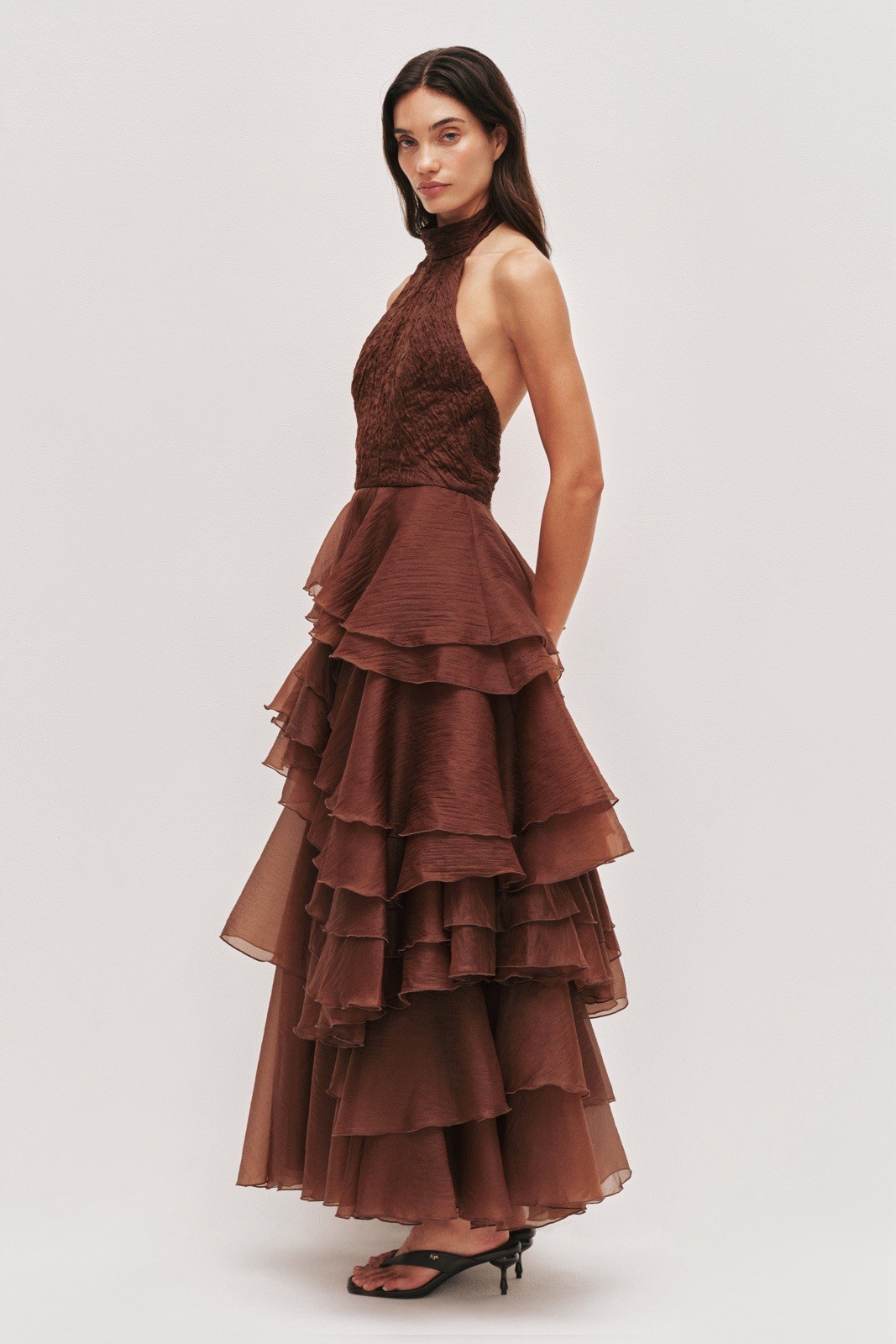 Chocolate Brown Halter Tiered Ruffled Chiffon Maxi Gowns Formal Evening Dresses