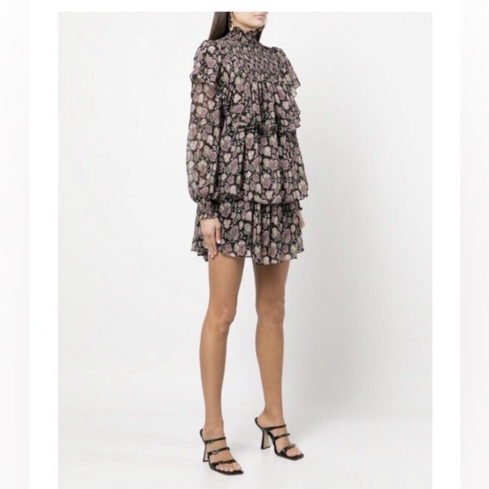 Cinq A Set Drew Floral Leave Printed Dress Mini Ruffle Brown Multi Size 8