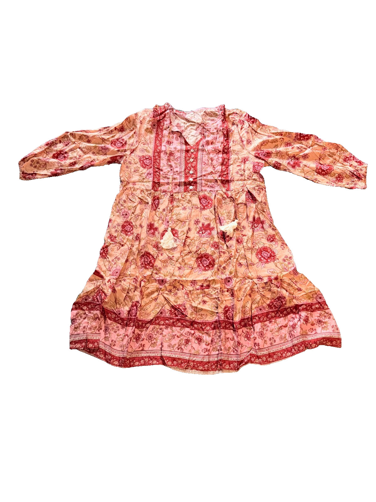 Women’s Lightweight Floral Boho Summer Dress Long Sleeve Tassel Tie Flowy – L