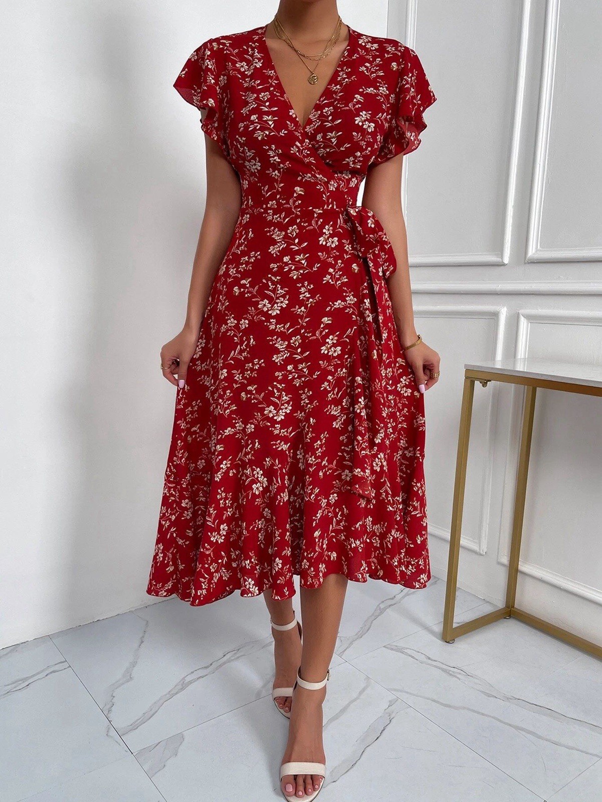 Women’s Floral Midi V-Neck Ruffle Short Sleeve Dress Sz L