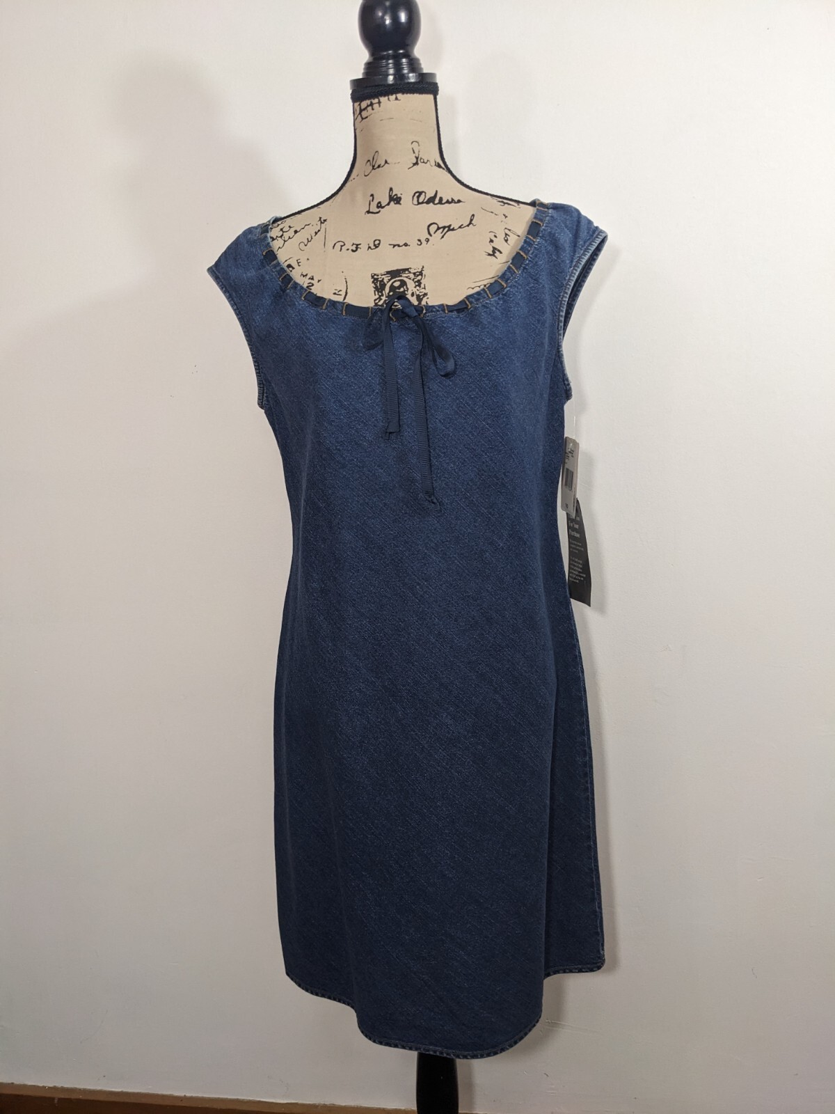 NWT Evan-Picone Summer Dress Indigo Cotton Denim Blue Scoop Tie Neckline 10