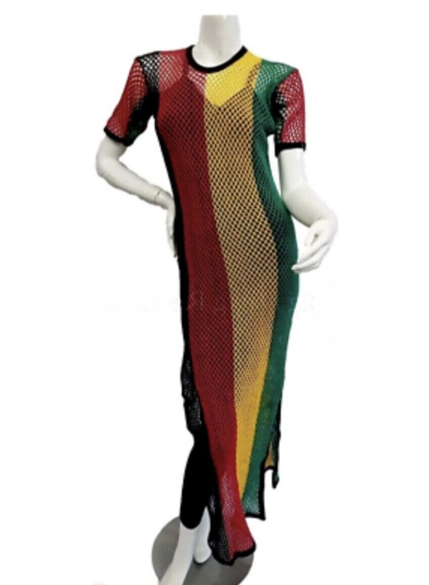 Rihanna Work Dress Rasta Jamaican Side Slit Split Mesh Carnival Riana Reggae