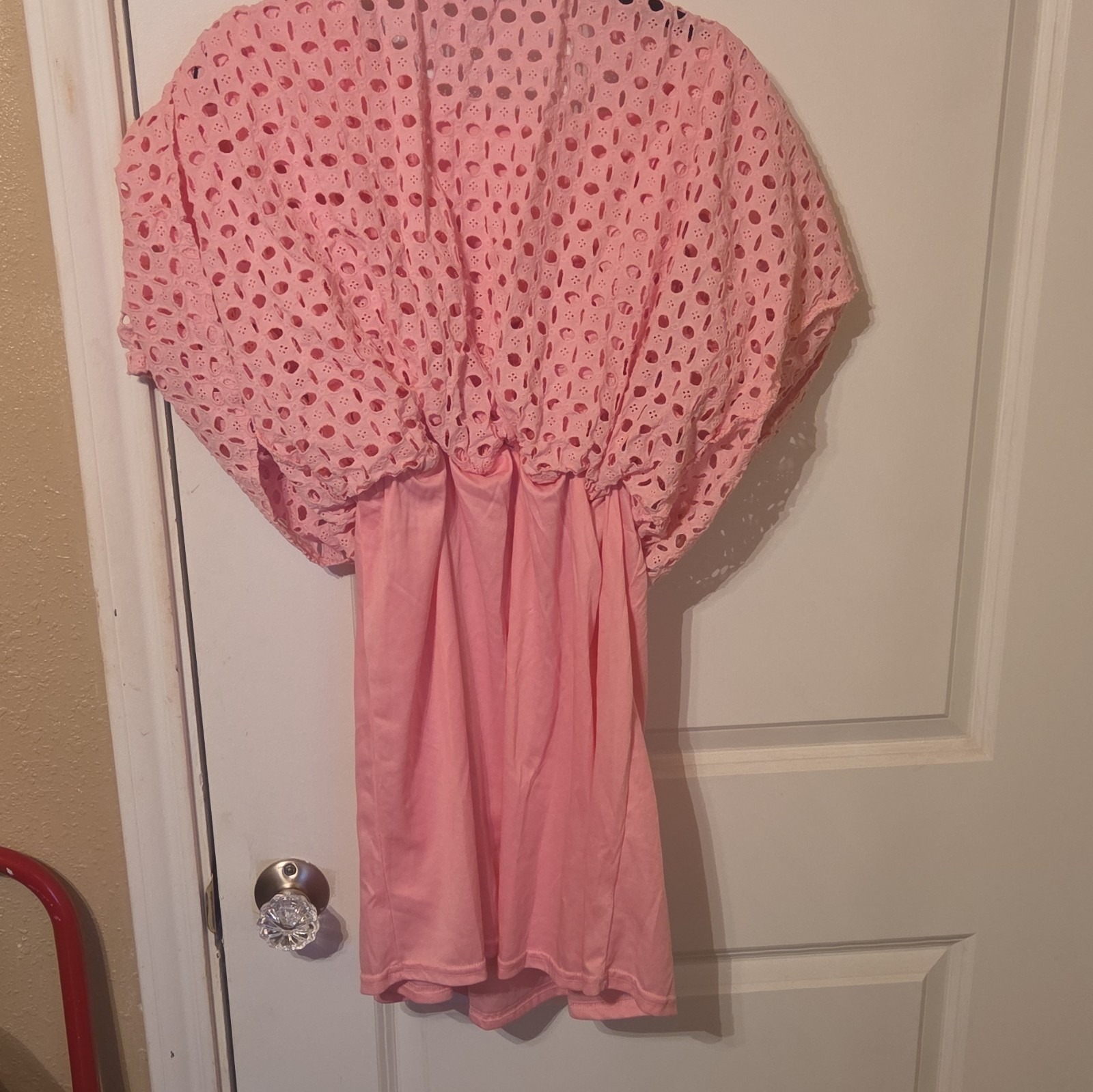 Womens Pink Solid Eyelet Fit & Flare Dress Puff Sleeve V-Neck Short Sz M
