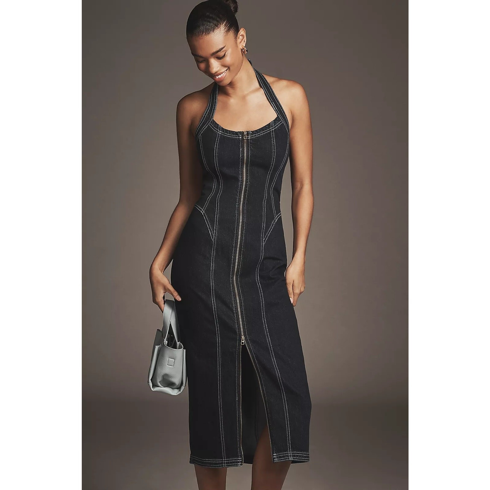 New Anthropologie Pilcro Front-Zip Halter Denim Midi Dress $178 MEDIUM Dark Blue