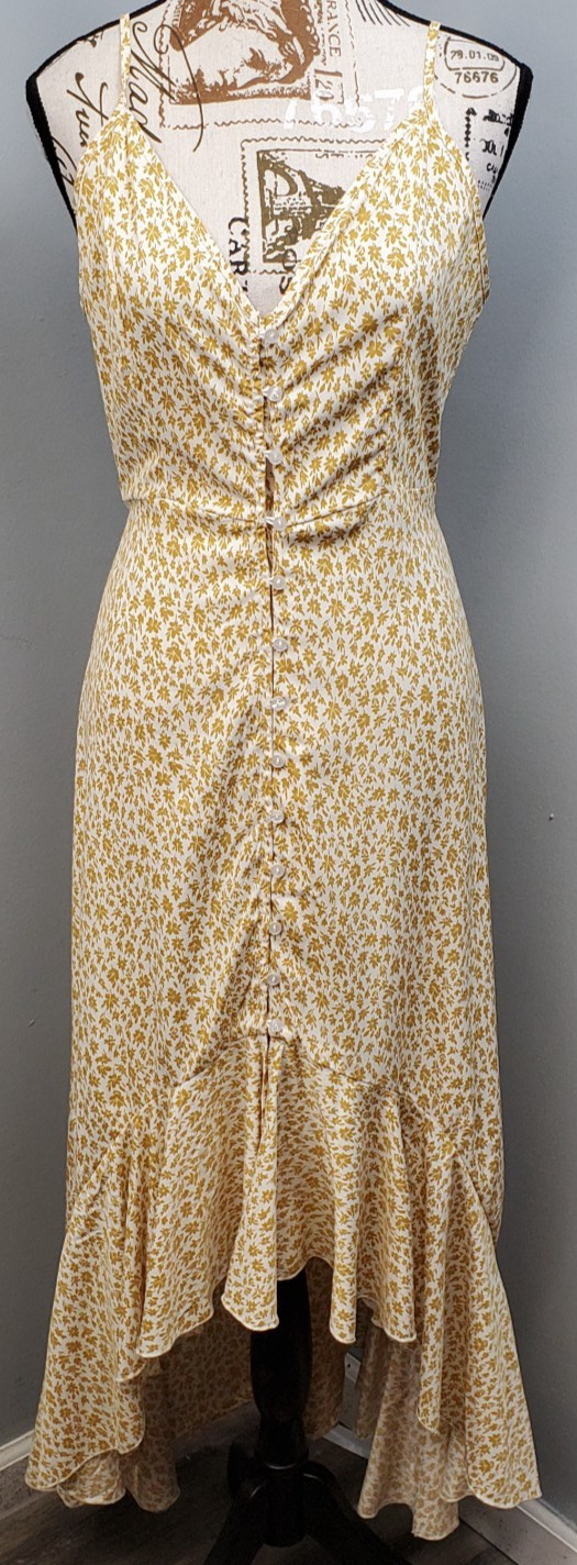 Bishop + Young Dress Womens S White Brown Floral Spaghetti Strap Button Front