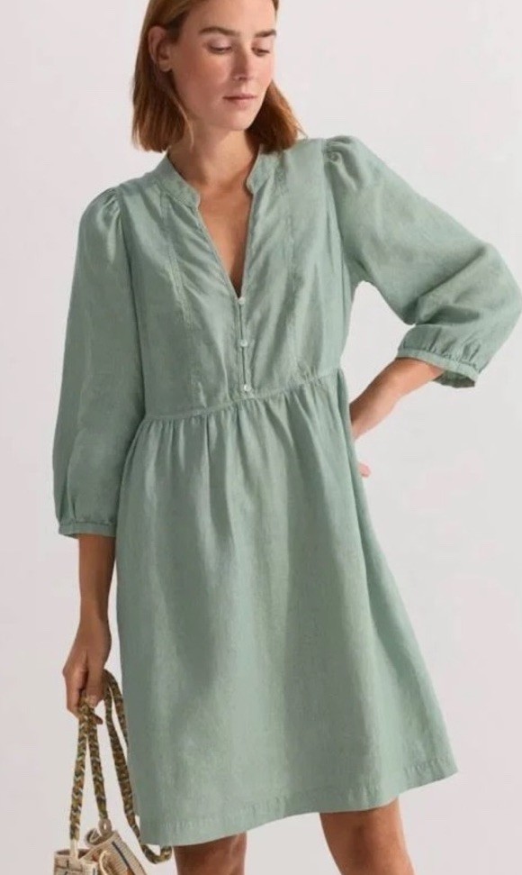 Wrap London Sage Green V-Neck Midi Dress with Puff Sleeves