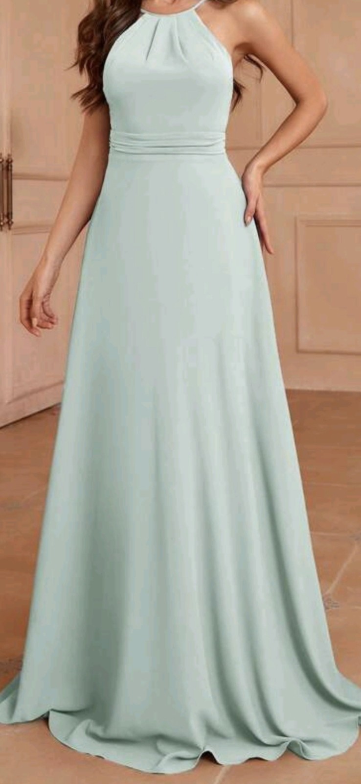Mint Green Halter Sleeveless Long Gown Dress Ruffle Zip Adjustable Straps, L