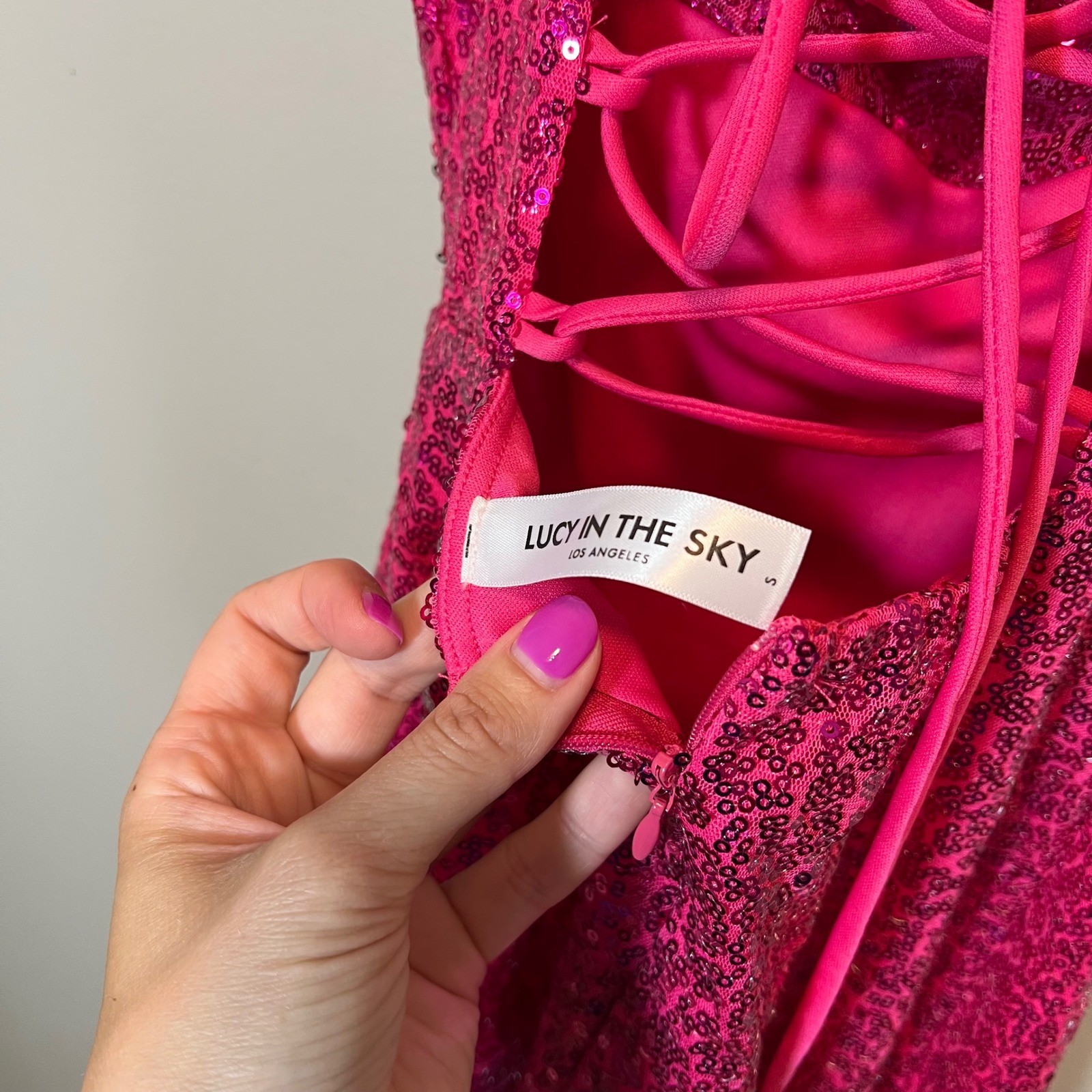 Lucy In The Sky Hot Pink Sequin Lace Up Back Ruffle Mini Dress Small