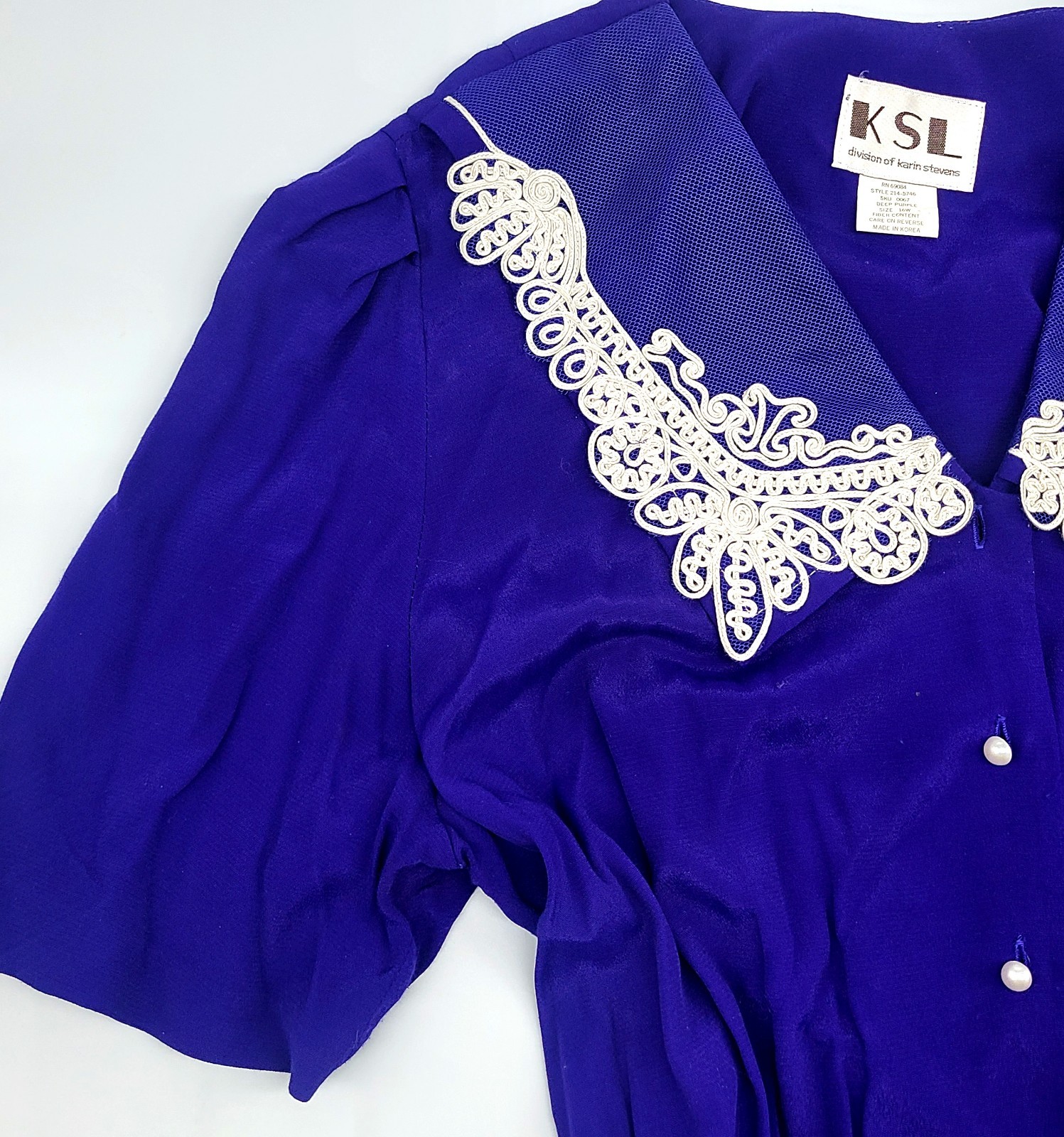 KSL Karin Stevens Purple Midi Dress 16W Lace Collar Pearl Buttons Cottagecore