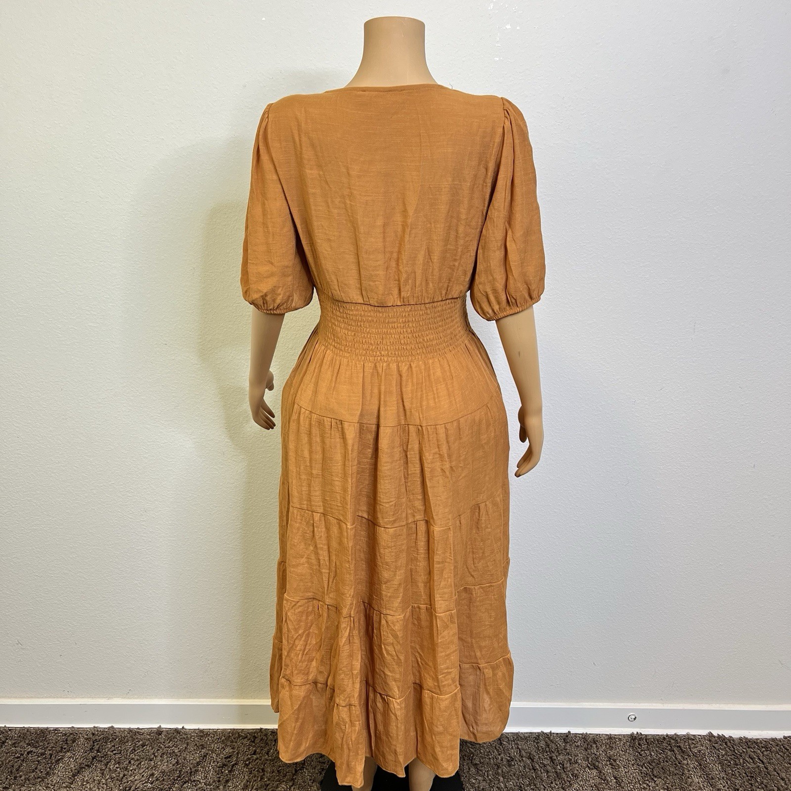 J Gee Boho Puff Sleeve Tiered Orange Maxi Dress Smocked Cottagecore Size XL