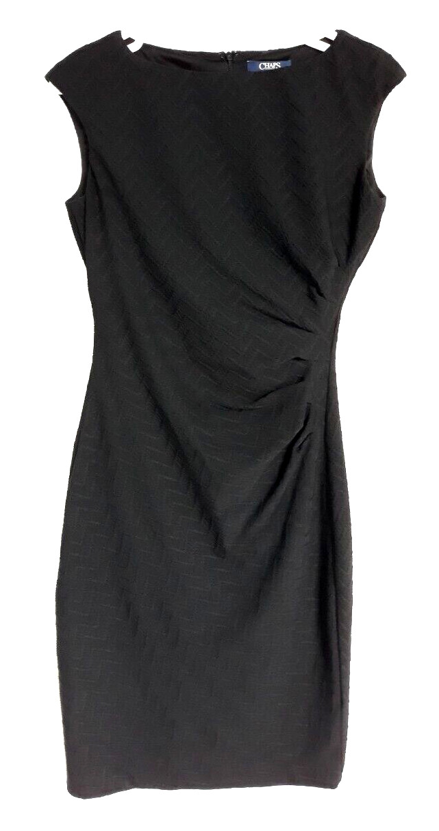Chaps Size 4 Side Pleated Sleeveless Stretch Sheath Dress Textured Fabric Black