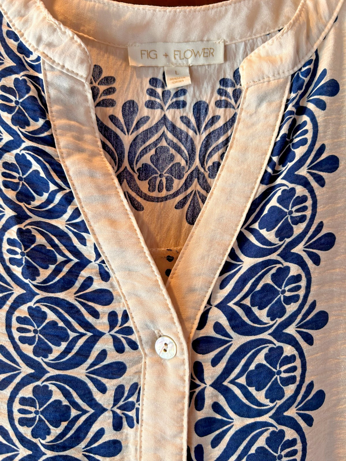 Fig & Flower Tropical Tiered Midi Dress Blue White Sz L Summer Coastal Vacation