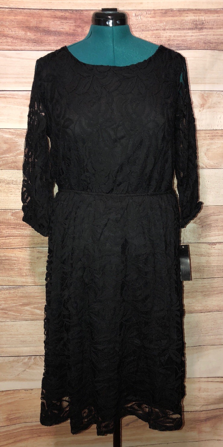 Ing Women’s Dress Plus Size 1X Black Lace Cut-out Back Elastic Waist Lined LBB76