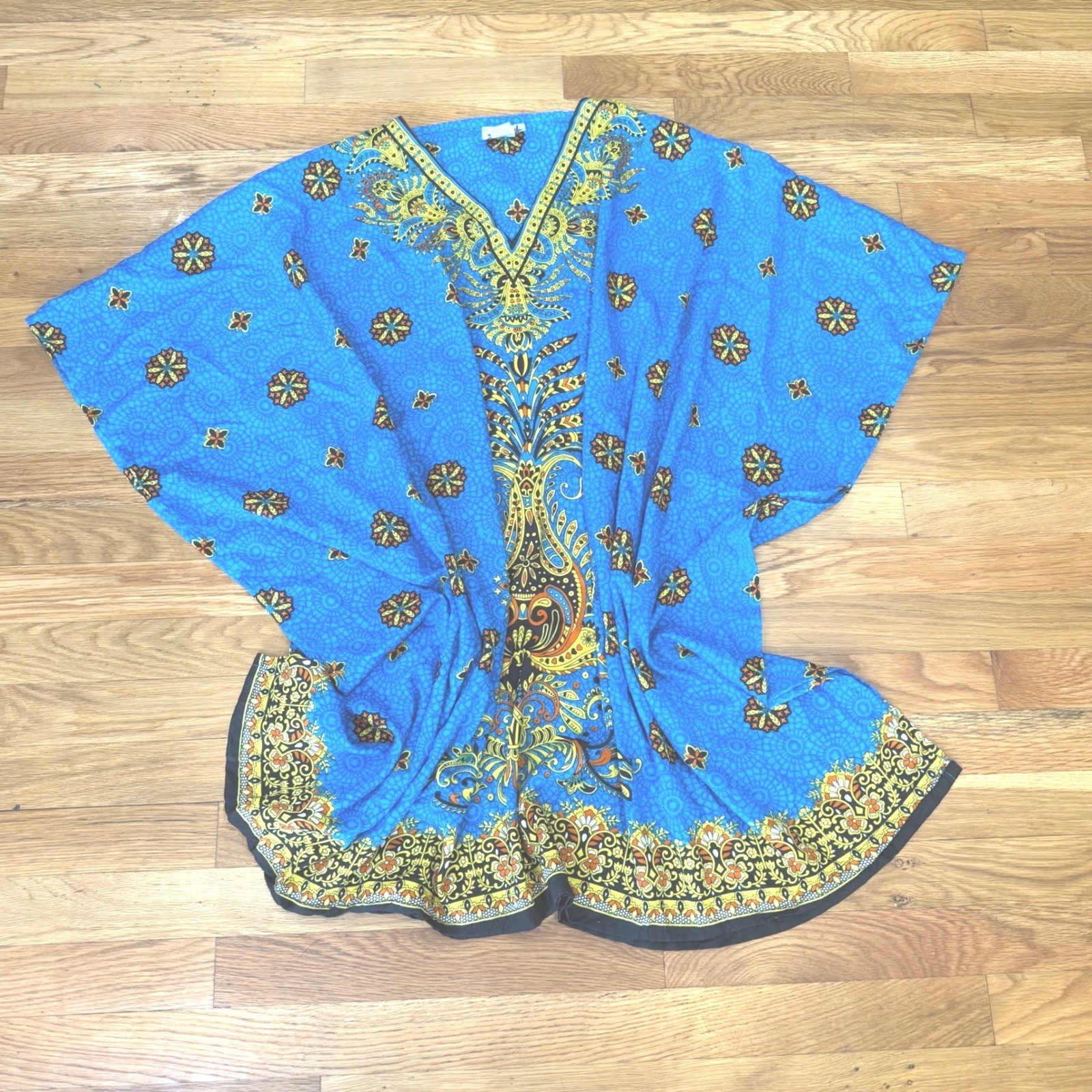 Metropolitan Blue Paisley Dashiki Kaftan Dress Free Size Kimono Sleeve Maxi