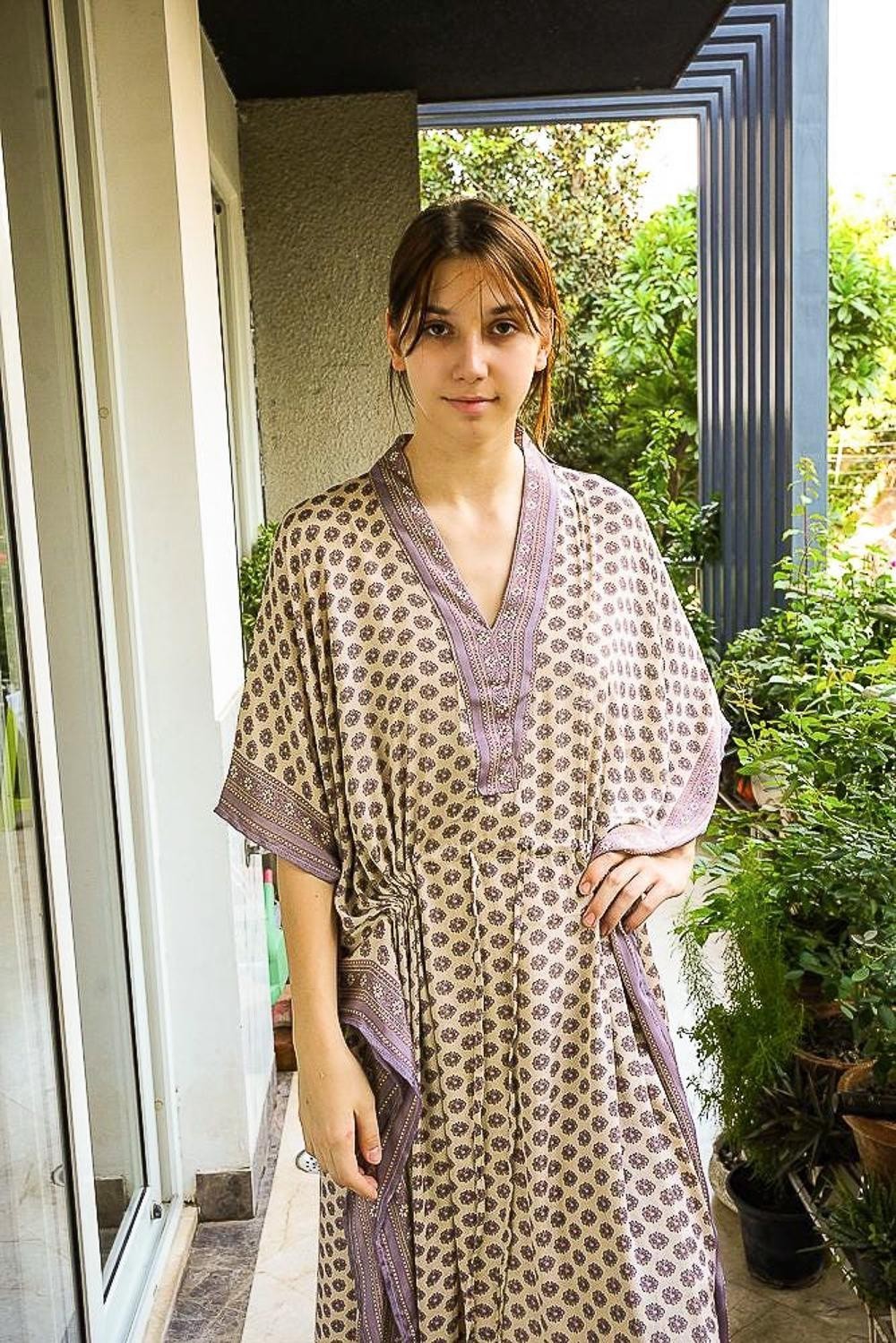 Silk Beige Kaftan / Handmade Flowy Maxi Dress / Resort Wear Outfit PS MFN1048