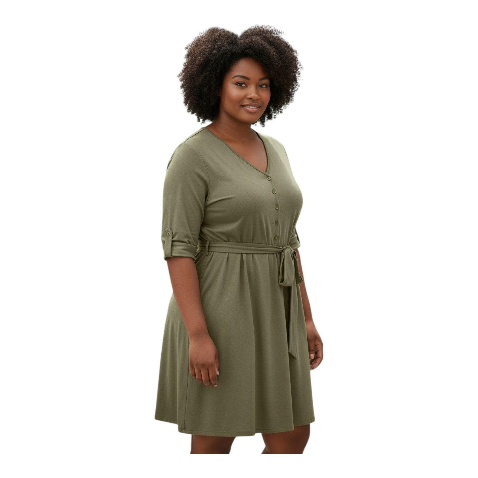 LANE BRYANT Women Plus 22 24 Dress Midi Taupe Olive Elastic Waist Tie Belt