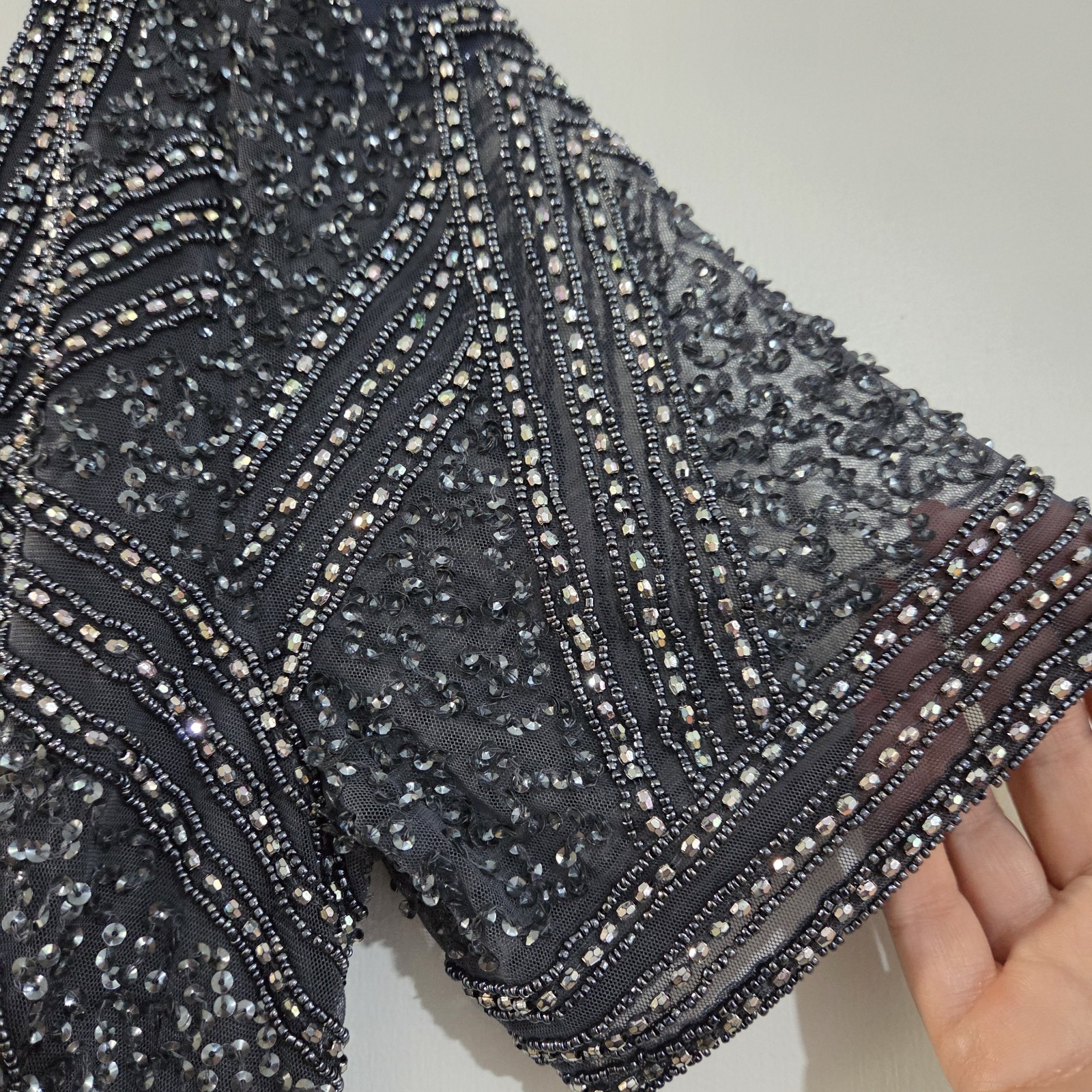 Pisarro Nights Size 8 Beaded Short Sleeve Midi Dress Slate Blue NWOT