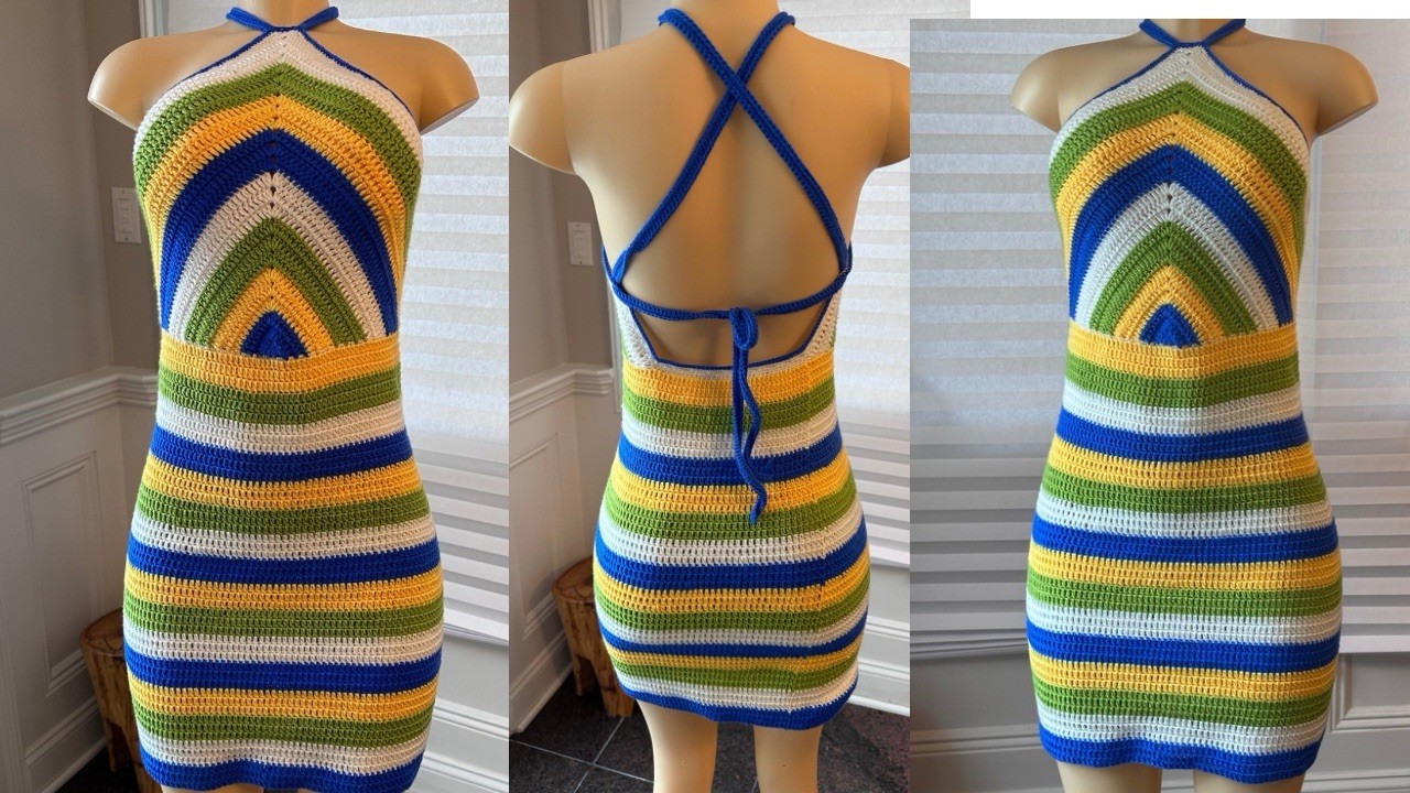 Multicolor Striped Crochet Halter Backless Mini Bodycon Dress Tie Cotton S